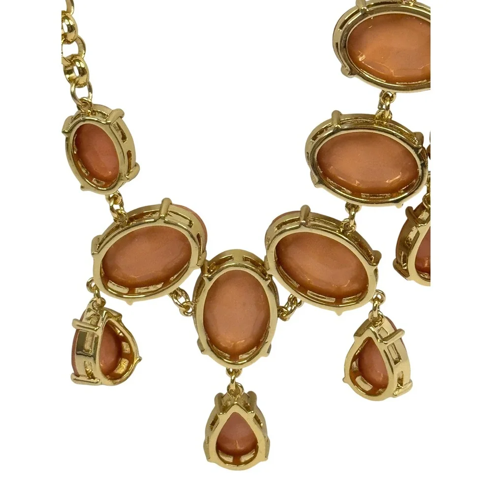 Vintage Peach Resin Oval Teardrop Gold Tone Bib‎ Statement Necklace Y2K Chunky